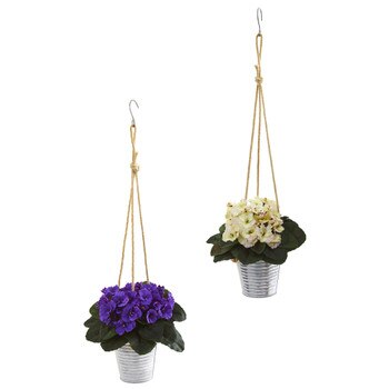 21 African Violet Artificial Plant in Hanging Bucket Set of 2 - SKU #P1002-S2-PW